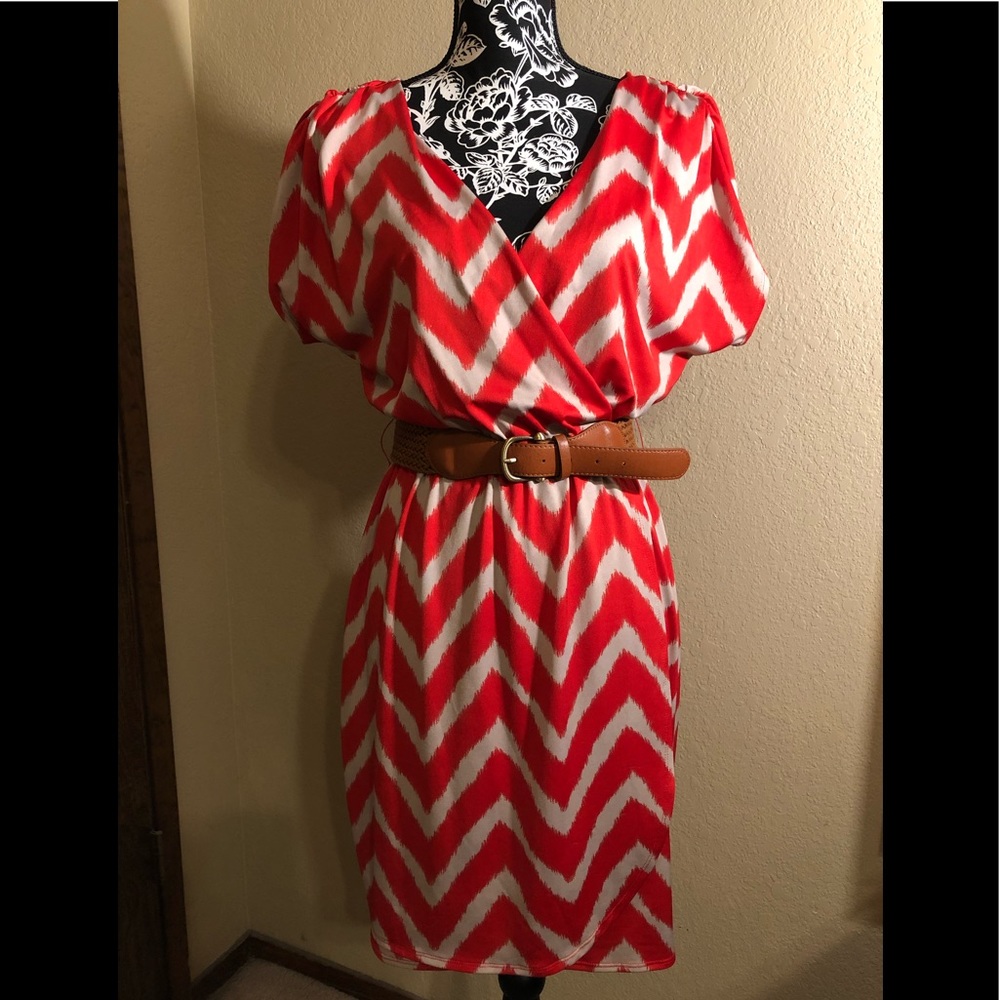 Red and taupe dress with belt